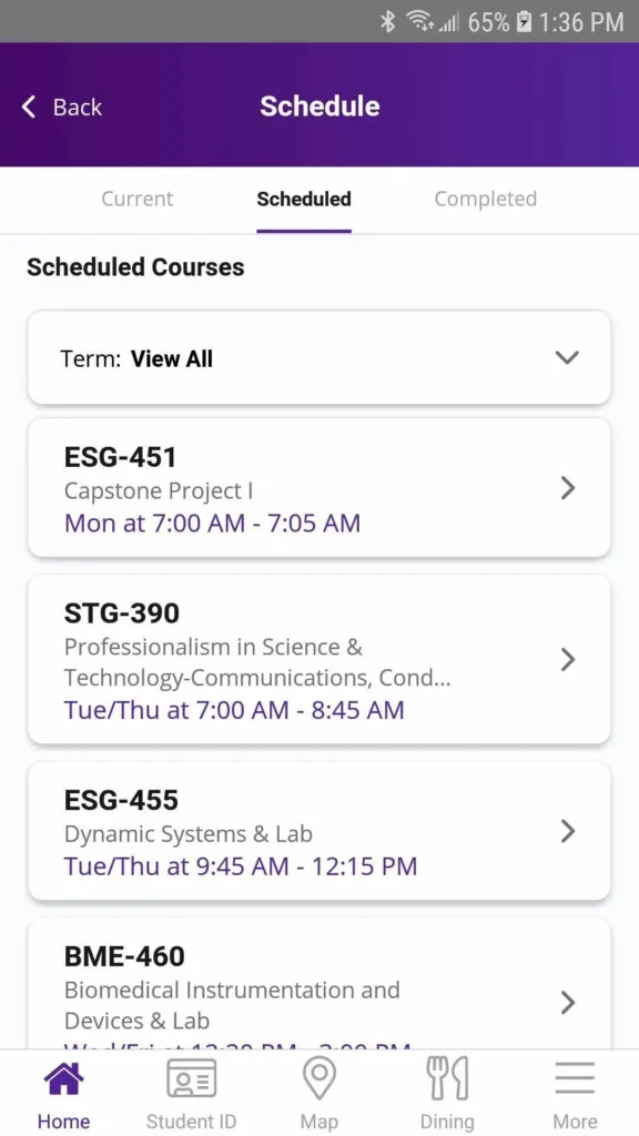 GCU Student Portal App courses view