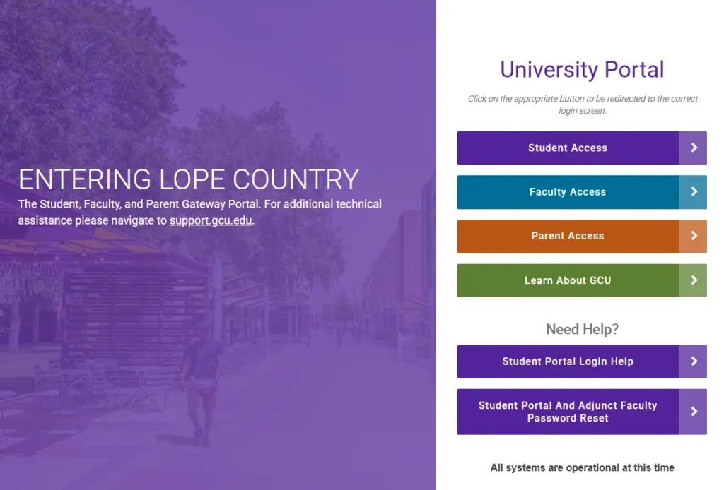 GCU University Portal Home screen for students, faculty, & parents